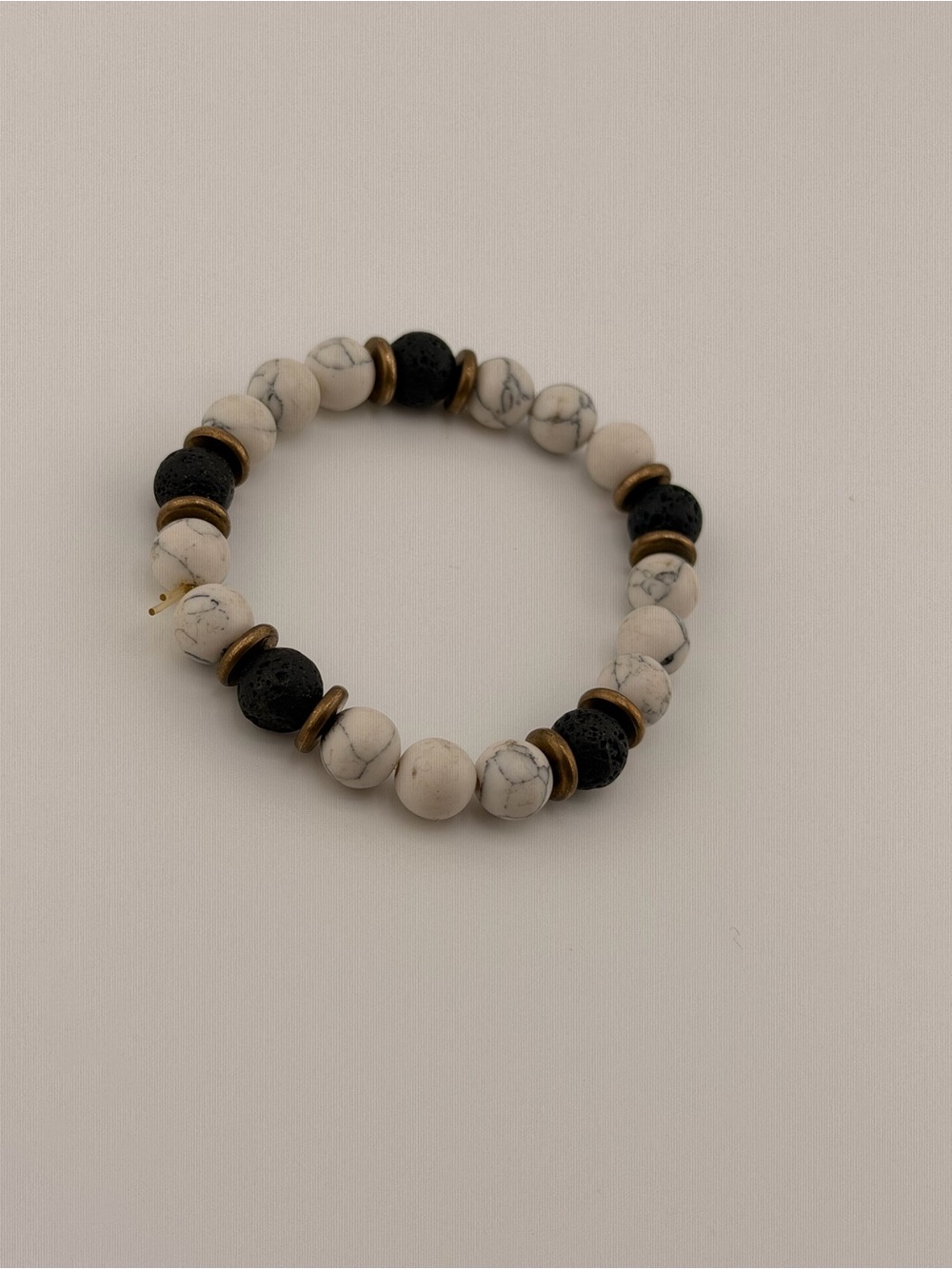 White Marble & Black Lava Beaded Stretch Bracelet with Brass Accents